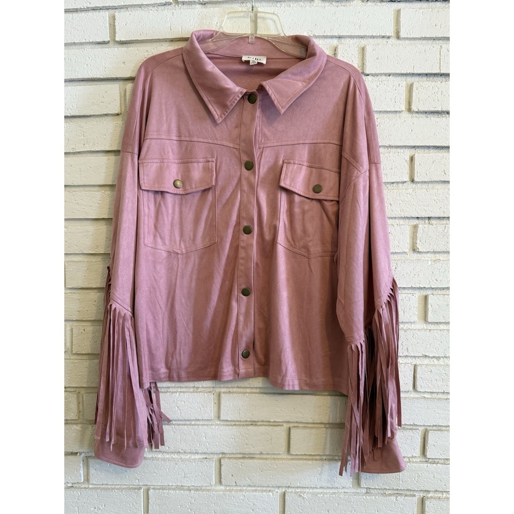 BiBi Snap up Faux Suede Blouse With Fringe Pink Size XL Western‎ Boho